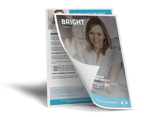 A professional product brochure titled "BRIGHT" featuring a smiling woman in a customer service setting. The document highlights key insights about screening for excellent customer service skills.